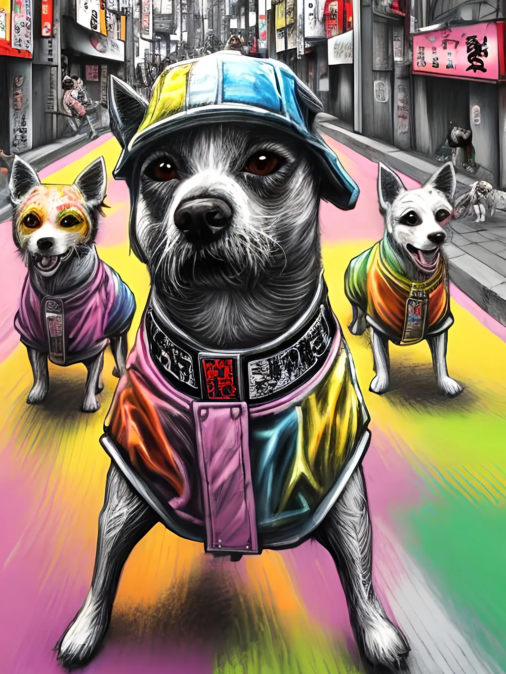 Prompt: pop art chalk pastel art of detailed dogs wearing gangster clothes playing in the streets in japan during a festival, sketch, detailed background, highres, fun atmosphere, natural lighting,  abstract, fun