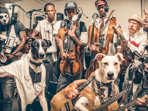 Prompt: black mountain cur dogs rap album dressed as gangsters in recording studio