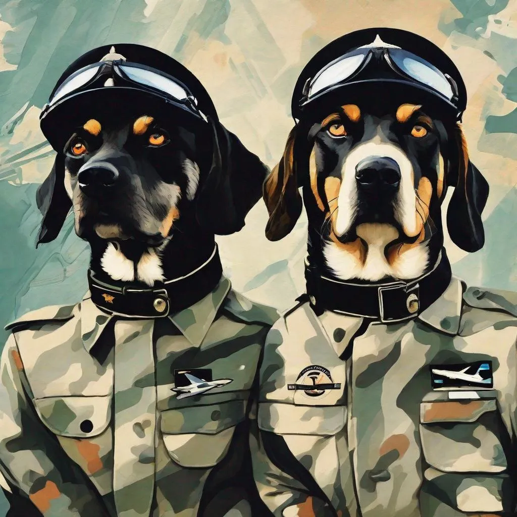 Prompt: mountain cur black dogs in pilot uniform abstract art 90s poster