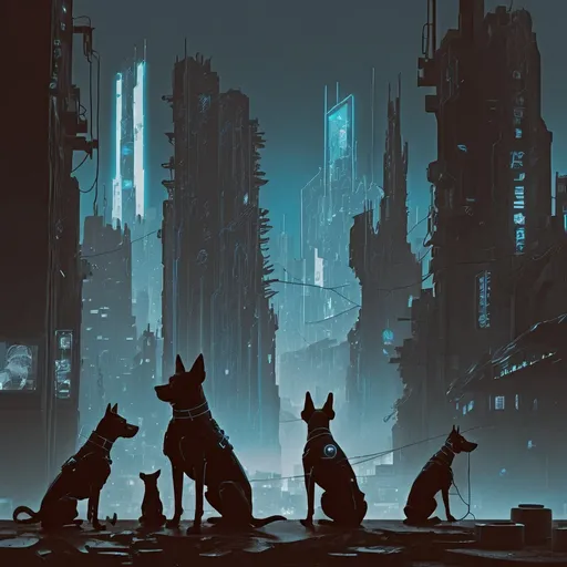 Prompt: blue cyberpunk city with dogs
