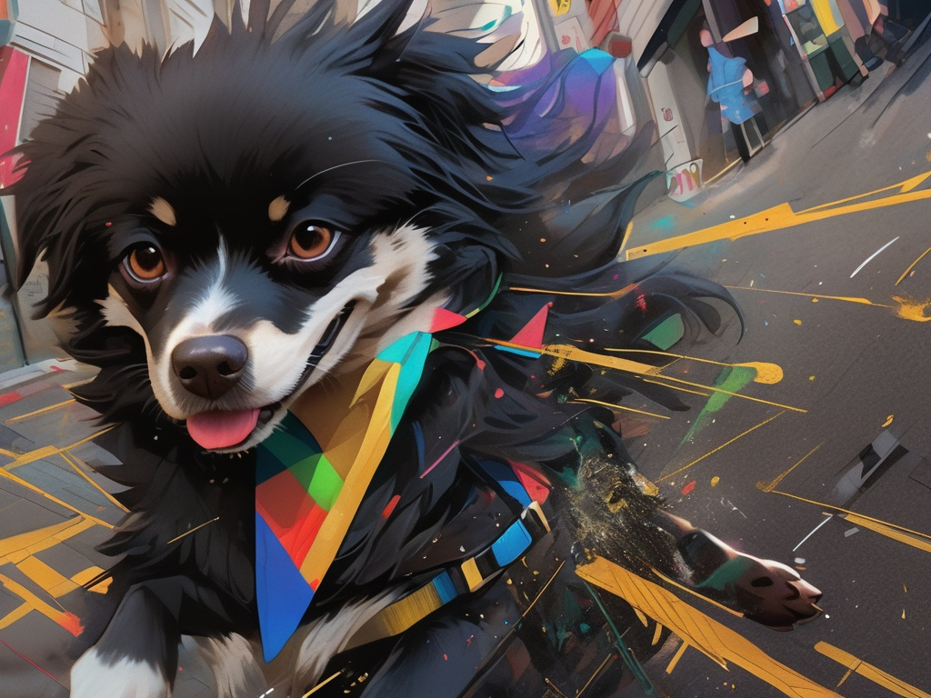 Prompt: black dog wearing ninja clothes having fun in the streets with a battle in the background, dogs, abstract art, Screen print, splash screen art, triadic colors, digital art, 8k resolution trending on Artstation, golden ratio, akira, symmetrical, rule of thirds, geometric bauhaus, Studio Ghibli, Anime Key Visual, by Makoto Shinkai, Deep Color, Intricate, 8k resolution concept art, Natural Lighting, Beautiful Composition