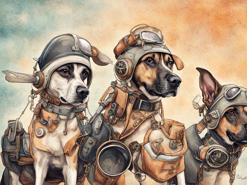 Prompt: black mountain cur dogs dressed as airplane pilots steam punk