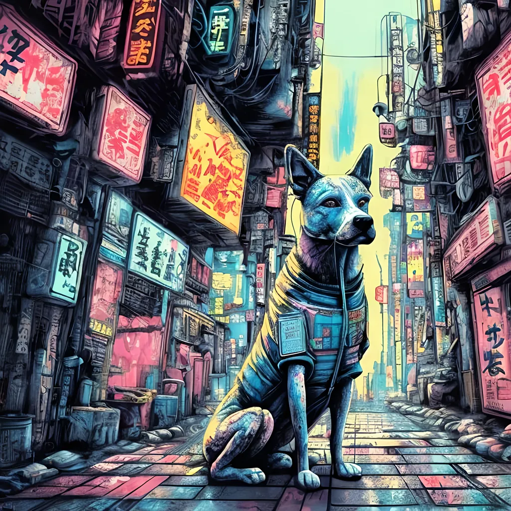 Prompt: pop art chalk pastel, a detailed grunge dog in the streets in cyberpunk japan, detailed background, natural lighting, highres, fun