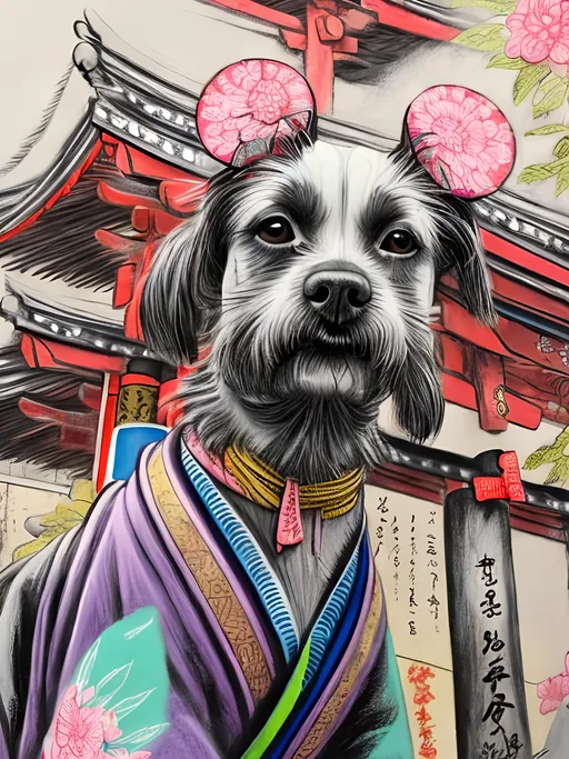 Prompt: pop art chalk pastel style of a  detailed dog in a kimono at a shrine, sketch, detailed background, highres, fun atmosphere, natural lighting,  abstract, fun