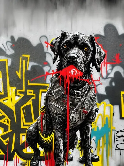 Prompt: Abstract art of a black dogs in gangster punk clothes, graffiti, streets, patriotic, detailed, atmospheric lighting, intense battle in the background, highres, ultra-detailed, abstract, gangster, detailed clothing, patriotic theme, street graffiti, atmospheric lighting, dogs