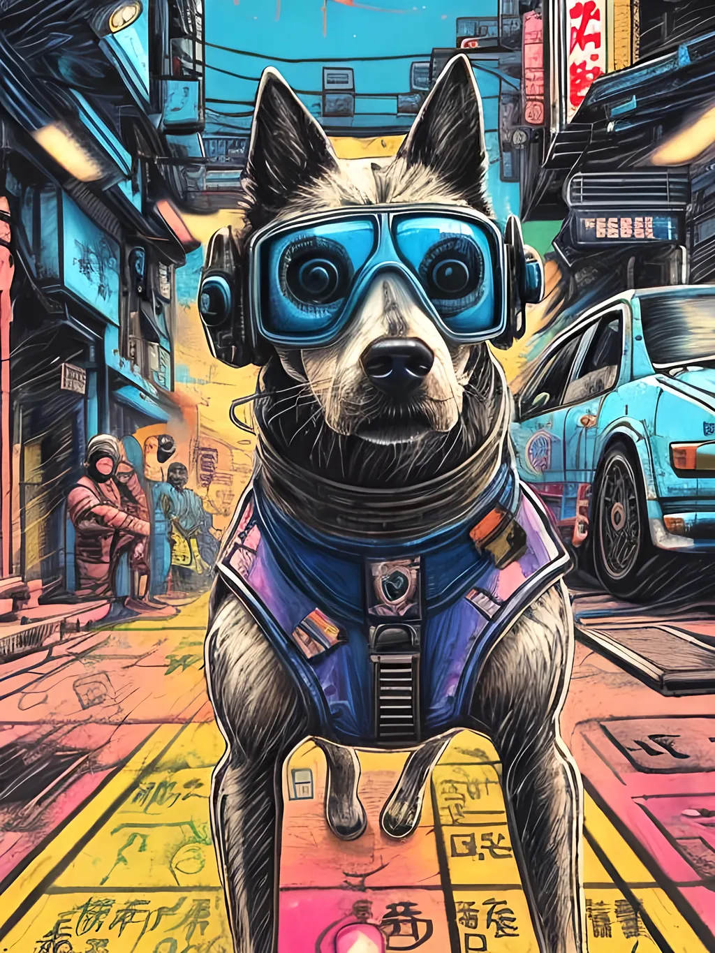 Prompt: pop art chalk pastel art of a detailed dog wearing a pilot uniform playing in the streets in cyberpunk japan during a festival, sketch, detailed background, highres, fun atmosphere, natural lighting,  abstract, fun