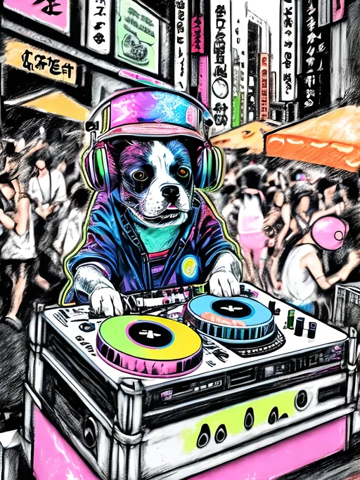 Prompt: pop art chalk pastel art of detailed dog DJing in the streets in Japan during a festival, sketch, detailed background, highres, fun atmosphere, natural lighting,  abstract, fun