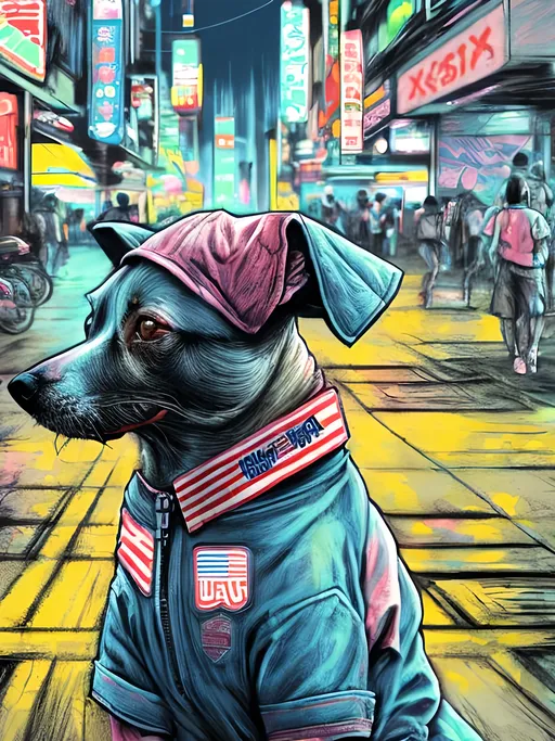 Prompt: pop art chalk pastel art of detailed dog wearing USA clothes playing in the streets in cyberpunk japan during a festival, sketch, detailed background, highres, fun atmosphere, natural lighting,  abstract, fun