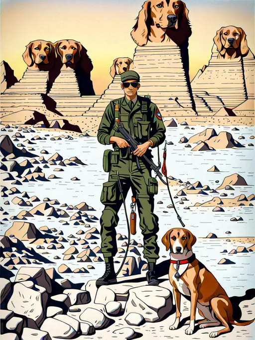 Prompt: black mountain cur dog in military gear in egypt 90s poster