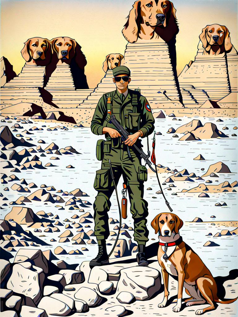 Prompt: black mountain cur dog in military gear in egypt 90s poster