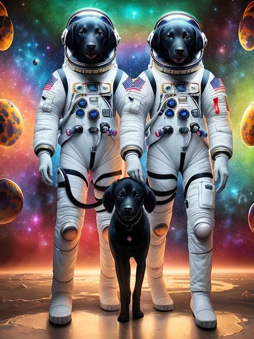 Prompt: Surrealism art, black dogs in astronaut outfits, space background, surrealistic, abstract, detailed fur, cosmic colors, dreamlike atmosphere, high quality, surrealism, astronaut dogs, abstract art, cosmic, detailed, surreal colors, space setting, dreamy lighting