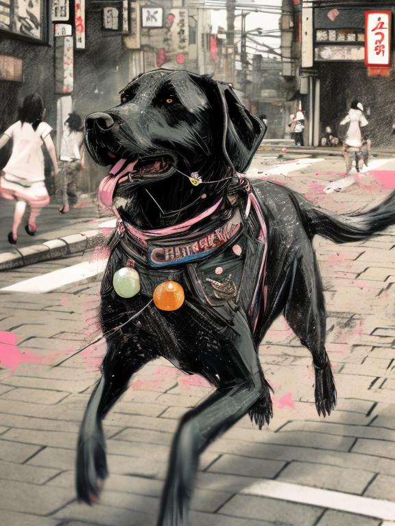 Prompt: a black dog wearing cool clothes chasing a chicken in the streets in japan, sketch, detailed background, highres, fun atmosphere, natural lighting, pastel colors, abstract, fun