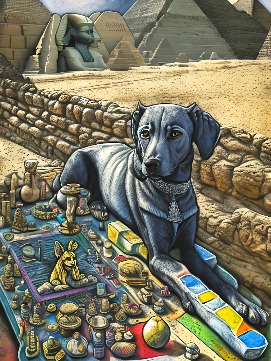 Prompt: pop art chalk pastel art of detailed dog as the sphinx in egypt, sketch, detailed background, highres, fun atmosphere, natural lighting,  abstract, fun