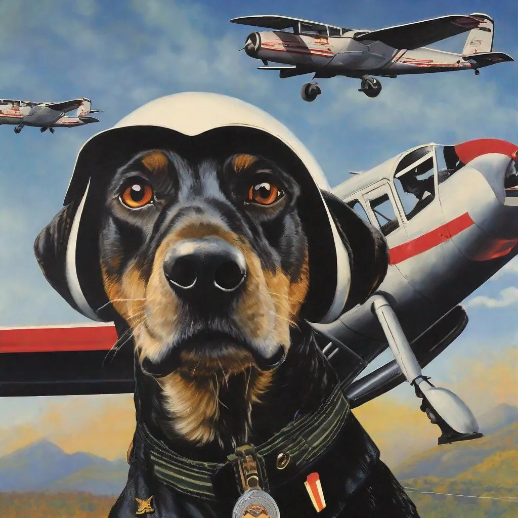 Prompt: mountain cur black dogs in pilots uniform 90s poster art