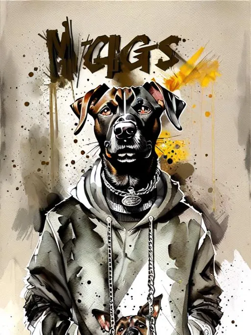 Prompt: mountain cur black dog in gangster rappers clothing