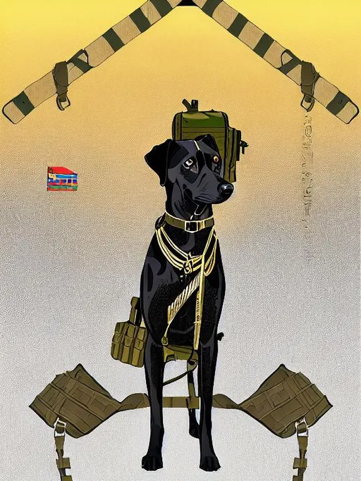 Prompt: black mountain cur dog in military gear in egypt 90s poster