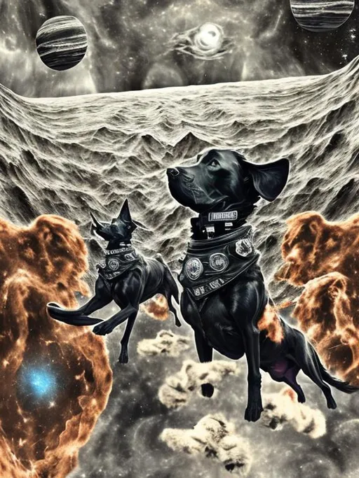 Prompt: Surrealism black dogs in gangster outfits in space, abstract art style, cowboy hat, fun atmosphere, floating celestial bodies, mysterious nebulae, dreamlike, surreal, high contrast, otherworldly, abstract, space, astronaut, fun atmosphere, celestial bodies, dreamlike, surreal, high contrast, mysterious, nebulae, dogs, usa, patriotic, trump