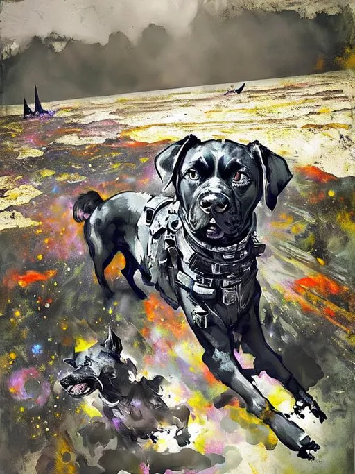 Prompt: Surrealism black dogs in cowboy outfits in space, abstract art style, cowboy hat, eerie atmosphere, floating celestial bodies, mysterious nebulae, dreamlike, surreal, high contrast, otherworldly, abstract, space, astronaut, fun atmosphere, celestial bodies, dreamlike, surreal, high contrast, mysterious, nebulae, dogs