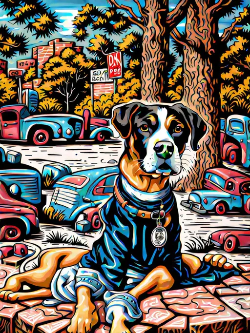 Prompt: mountain cur black dog in gangster clothing graffiti