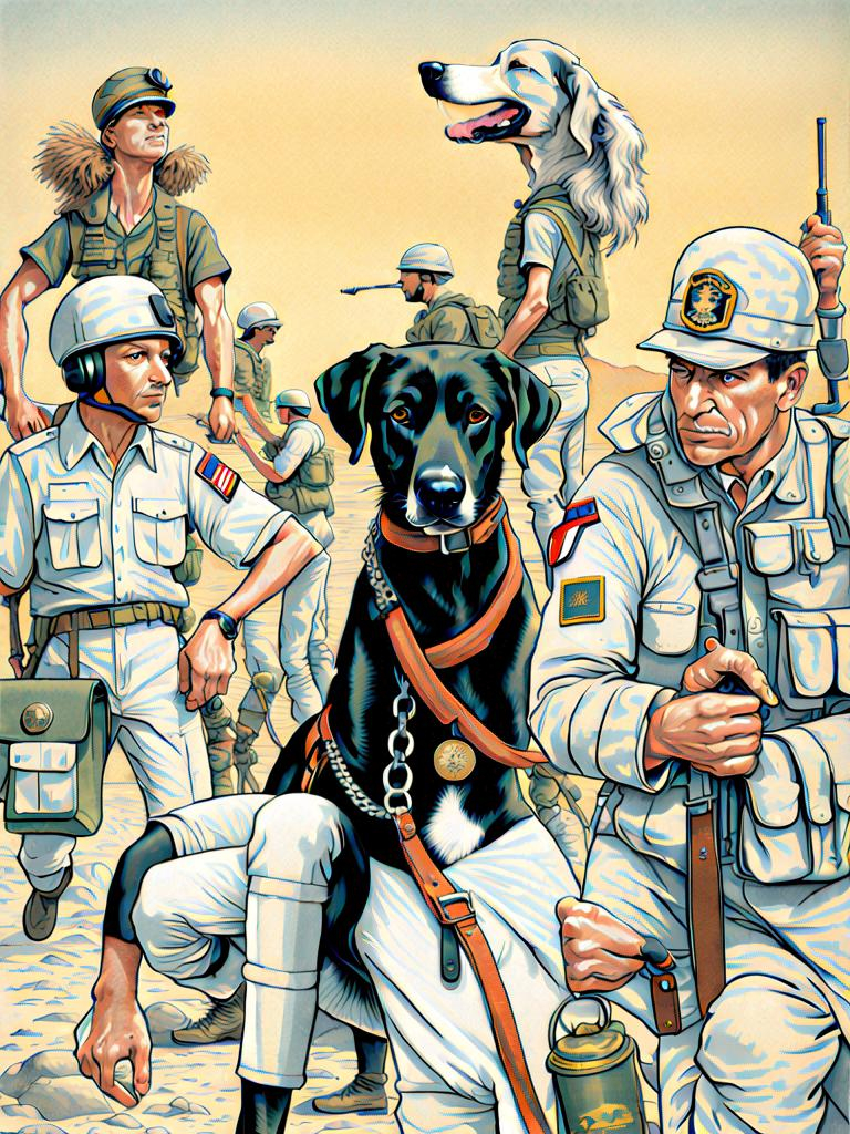 Prompt: black mountain cur dog in military gear in egypt 90s poster