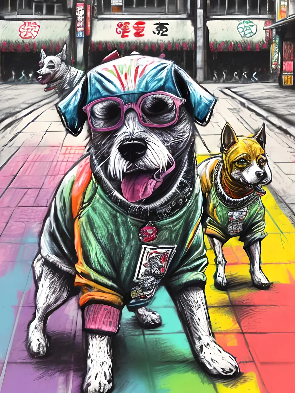 Prompt: pop art chalk pastel art of detailed dogs wearing gangster clothes playing in the streets in japan during a festival, sketch, detailed background, highres, fun atmosphere, natural lighting,  abstract, fun