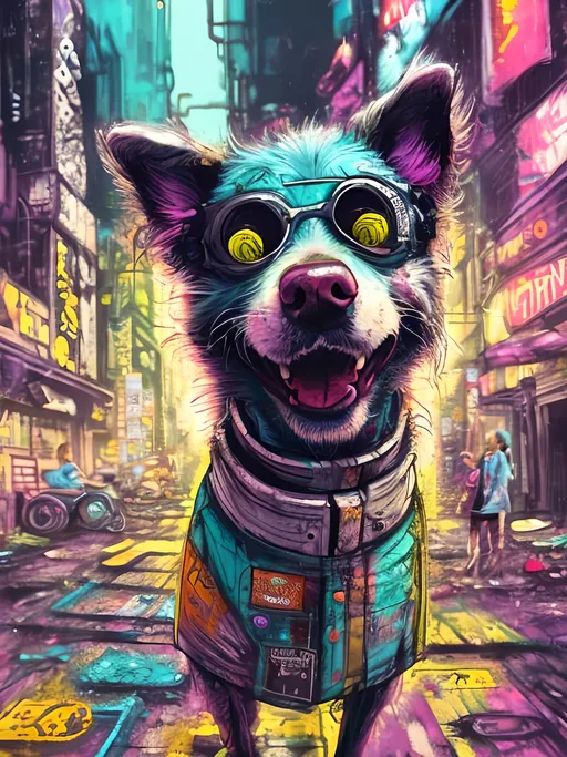 Prompt: Detailed happy dog wearing clothes dumpster diving during a festival, sketch, pop art chalk pastel, detailed cyberpunk city background, grunge, highres, abstract, natural lighting, lively atmosphere, fun, detailed dogs, colorful, chaotic, vibrant, happy-go-lucky