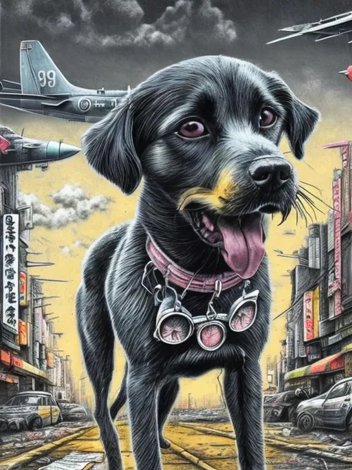 Prompt: pop art chalk pastel art of a detailed dog on the streets in post-apocalyptic Japan during a festival with planes in the background, sketch, detailed background, highres, fun atmosphere, natural lighting,  abstract, fun