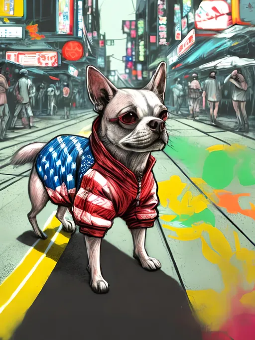 Prompt: pop art chalk pastel art of detailed dog wearing USA clothes playing in the streets in cyberpunk japan during a festival, sketch, detailed background, highres, fun atmosphere, natural lighting,  abstract, fun