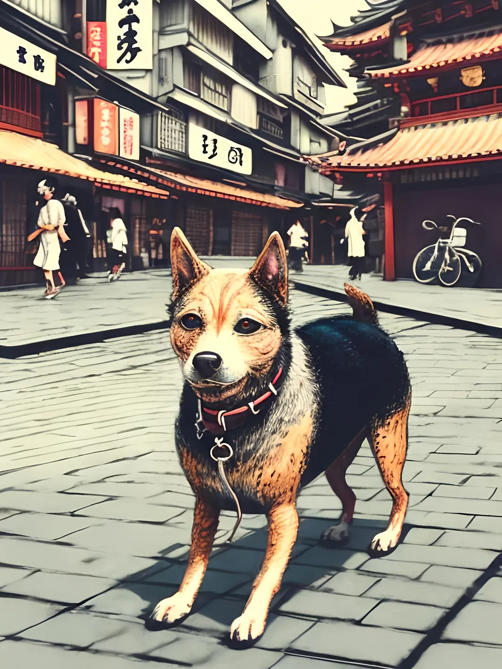 Prompt: chalk pastel style of a detailed dog in the streets in japan during a festival, sketch, detailed background, highres, fun atmosphere, natural lighting,  abstract, fun