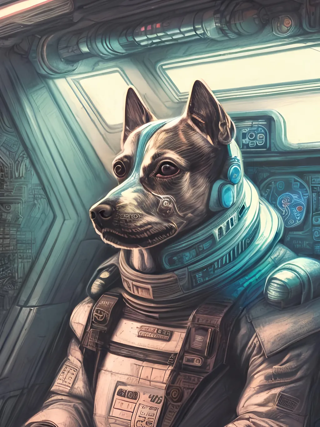 Prompt: chalk pastel style of a  detailed dog in a cyberpunk spaceship, sketch, detailed background, highres, fun atmosphere, natural lighting,  abstract, fun