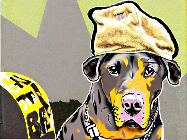 Prompt: mountain cur black dogs in gangster rappers clothing graffiti