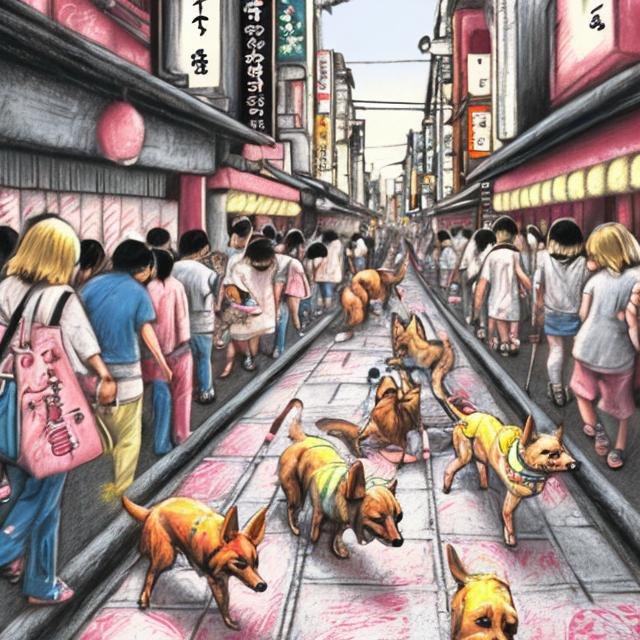 Prompt: pop art chalk pastel art of detailed dogs playing in the streets in japan during a festival, sketch, detailed background, highres, fun atmosphere, natural lighting,  abstract, fun