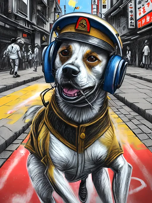 Prompt: pop art chalk pastel art of a detailed dog wearing a pilot uniform playing in the streets in japan during a festival, sketch, detailed background, highres, fun atmosphere, natural lighting,  abstract, fun