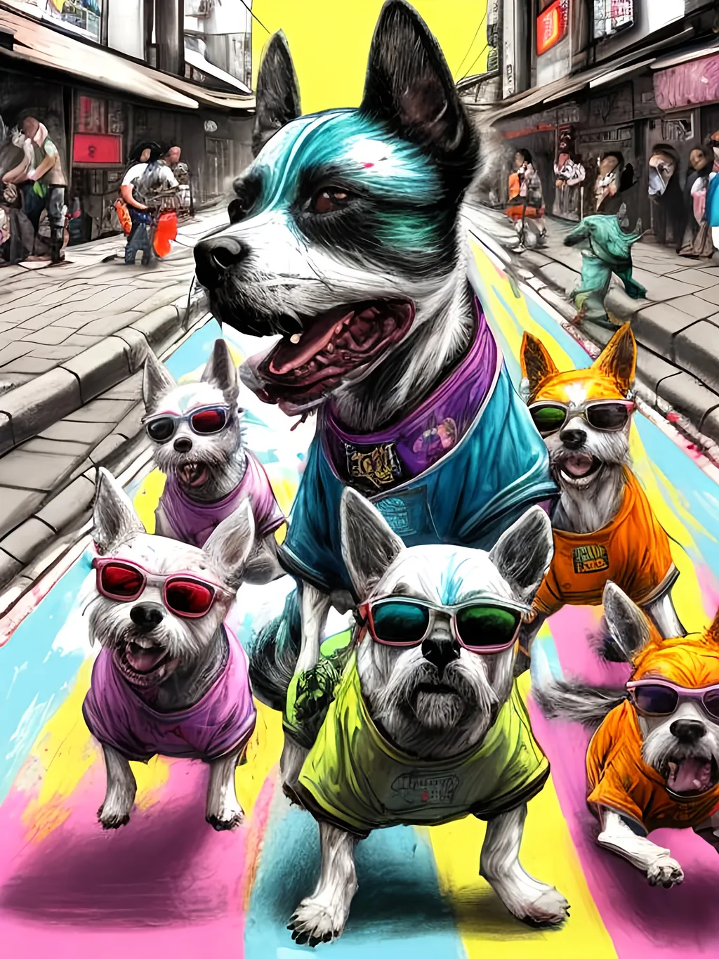 Prompt: pop art chalk pastel art of detailed dogs wearing gangster clothes playing in the streets in japan during a festival, sketch, detailed background, highres, fun atmosphere, natural lighting,  abstract, fun