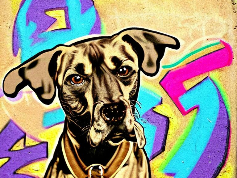 Prompt: mountain cur black dogs in gangster rappers clothing graffiti