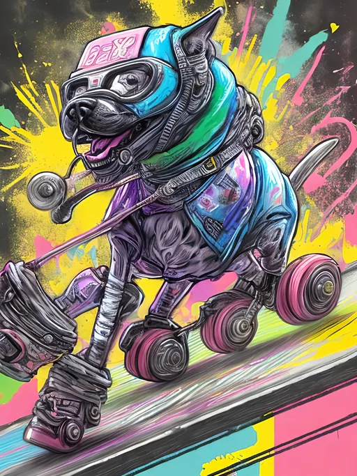 Prompt: pop art chalk pastel art of detailed dog playing roller derby in cyberpunk japan during a festival, sketch, detailed background, highres, fun atmosphere, natural lighting,  abstract, fun