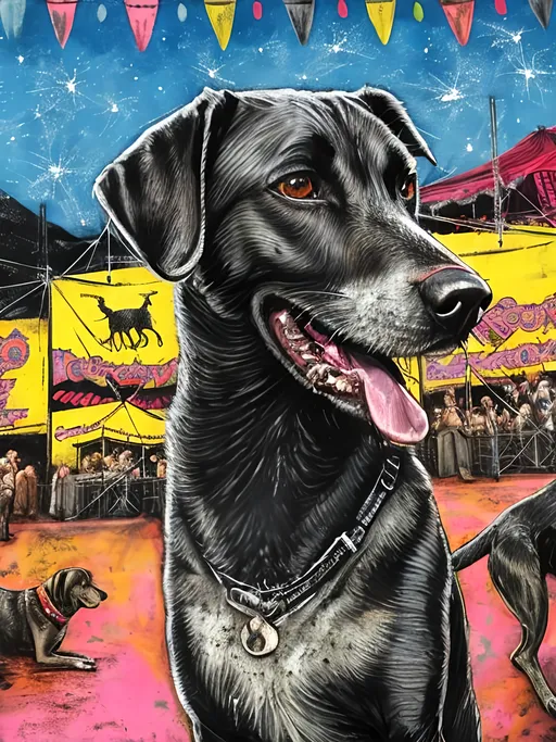 Prompt: Detailed mountain cur all black dog at a circus, festival, pop art chalk pastel, grunge, highres, abstract, natural lighting, lively atmosphere, fun, vibrant, happy-go-lucky, detailed dogs, detailed eyes, detailed fur, festive, flying, post-apocalyptic, Japan, chalk pastel, detailed background, grunge style, abstract art, high quality, natural lighting