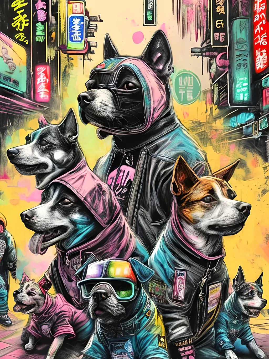 Prompt: pop art chalk pastel art of detailed dogs wearing gangster clothes playing in the streets in cyberpunk japan during a festival, sketch, detailed background, highres, fun atmosphere, natural lighting,  abstract, fun