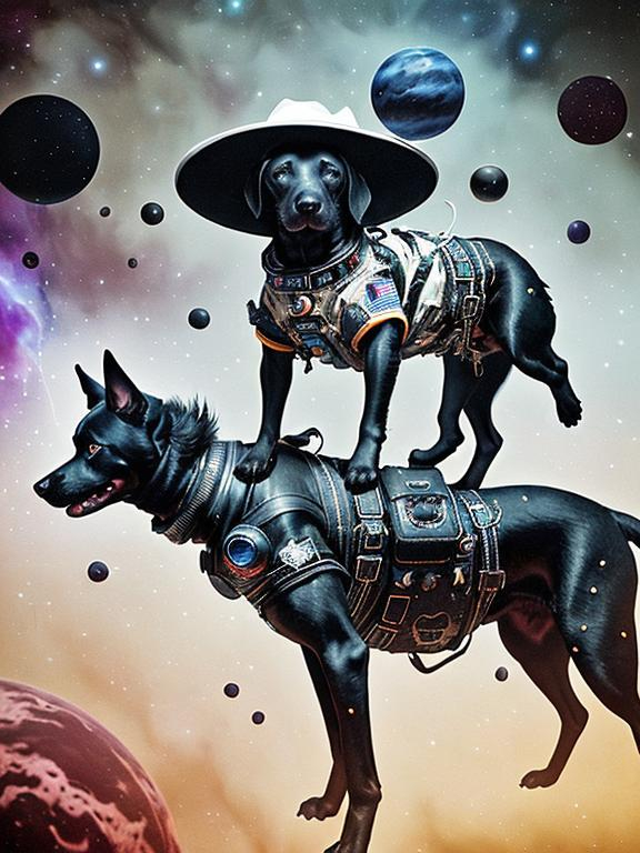 Prompt: Surrealism black dogs in cowboy outfits in space, abstract art style, eerie atmosphere, floating celestial bodies, mysterious nebulae, dreamlike, surreal, high contrast, otherworldly, abstract, space, astronaut, eerie atmosphere, celestial bodies, dreamlike, surreal, high contrast, mysterious, nebulae, dogs