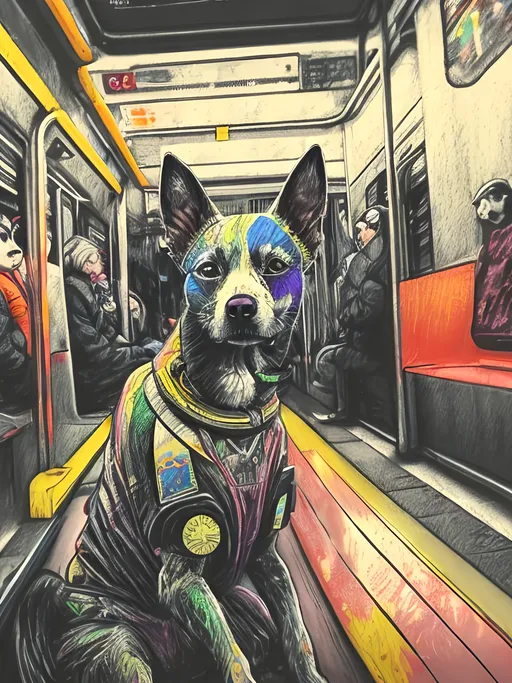 Prompt: pop art chalk pastel art of detailed dog on a train in cyberpunk japan during a festival, sketch, detailed background, highres, fun atmosphere, natural lighting,  abstract, fun