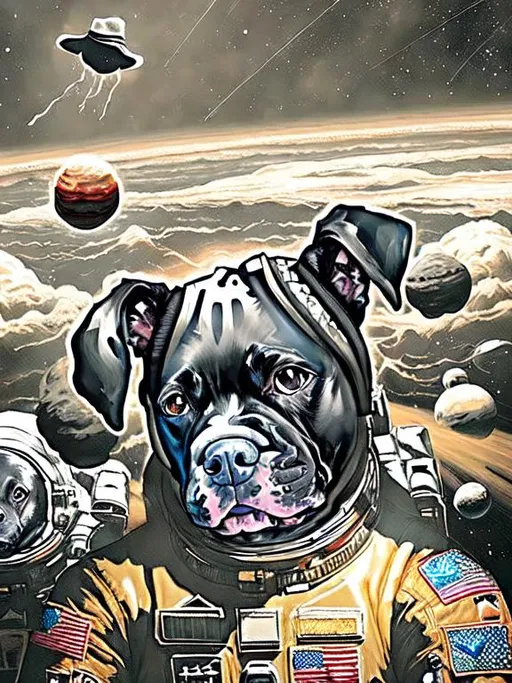 Prompt: Surrealism black dogs in trump outfits in space, abstract art style, cowboy hat, fun atmosphere, floating celestial bodies, mysterious nebulae, dreamlike, surreal, high contrast, otherworldly, abstract, space, astronaut, fun atmosphere, celestial bodies, dreamlike, surreal, high contrast, mysterious, nebulae, dogs, usa