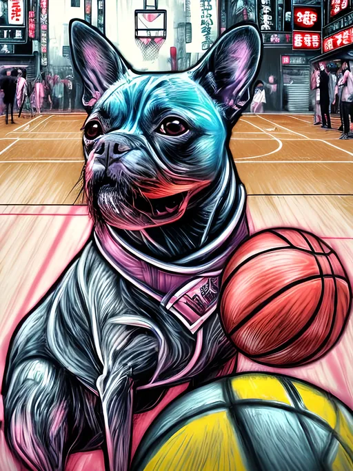 Prompt: pop art chalk pastel art of detailed dog at a basket ball game in cyberpunk japan, sketch, detailed background, highres, fun atmosphere, natural lighting,  abstract, fun