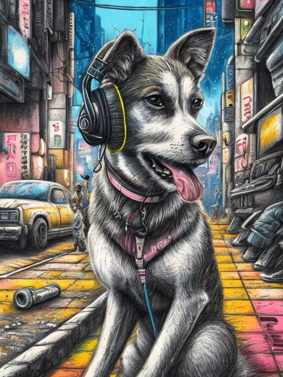 Prompt: pop art chalk pastel art of a detailed dog listening to music on the streets in post-apocalyptic Japan during a festival with planes in the background, sketch, detailed background, highres, fun atmosphere, natural lighting,  abstract, fun