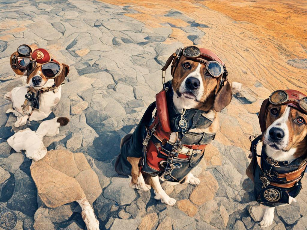 Prompt: black mountain cur dogs dressed as airplane pilots steam punk