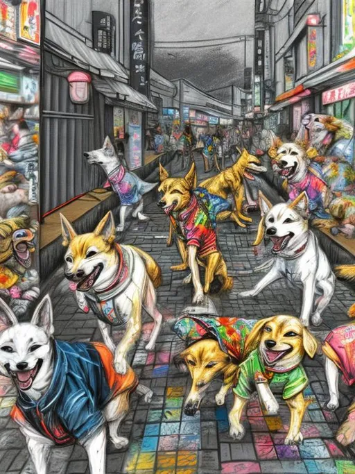 Prompt: pop art chalk pastel art of detailed dogs wearing clothes playing in the streets in japan during a festival, sketch, detailed background, highres, fun atmosphere, natural lighting,  abstract, fun