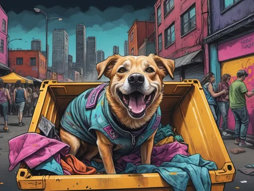 Prompt: Detailed happy dog wearing clothes dumpster diving during a festival, sketch, pop art chalk pastel, detailed cyberpunk city background, grunge, highres, abstract, natural lighting, lively atmosphere, fun, detailed dogs, colorful, chaotic, vibrant, happy-go-lucky