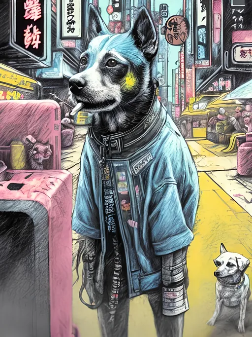 Prompt: pop art chalk pastel art of detailed dog smoking in cyberpunk japan during a festival, sketch, detailed background, highres, fun atmosphere, natural lighting,  abstract, fun