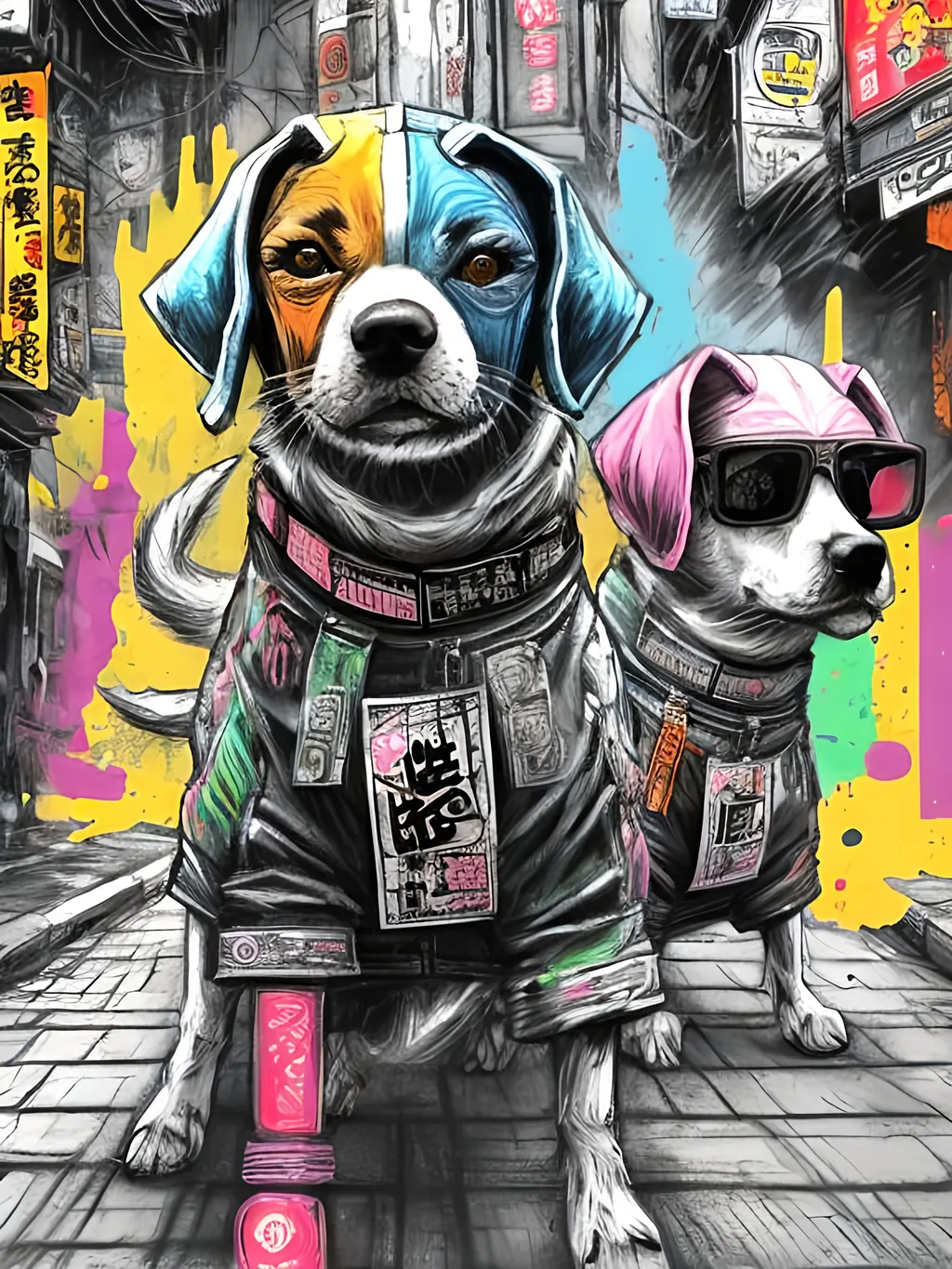 Prompt: pop art chalk pastel art of detailed dogs wearing gangster clothes playing in the streets in cyberpunk japan during a festival, sketch, detailed background, highres, fun atmosphere, natural lighting,  abstract, fun