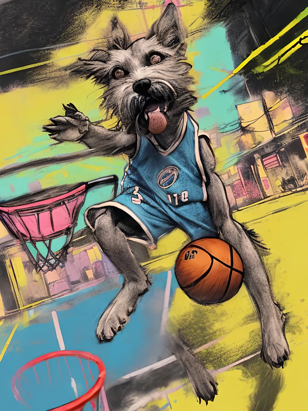 Prompt: pop art chalk pastel art of detailed dog playing basket ball game in cyberpunk japan, sketch, detailed background, highres, fun atmosphere, natural lighting,  abstract, fun