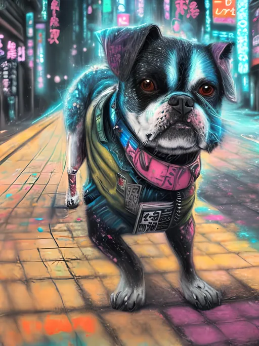 Prompt: Detailed chalk pastel of a dog punk in the streets of cyberpunk japan, highres, dog, detailed background of cyberpunk japanese city streets, happy, fun, natural lighting